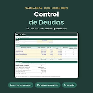 Puede incluir: Una plantilla digital de control de deudas para Excel y Google Sheets con fondo verde oscuro. La interfaz muestra secciones para nombres de deudas, saldos, tasas de interés, pagos mínimos y un resumen de resultados financieros.