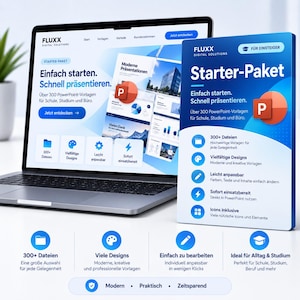 Könnte beinhalten: Ein Laptop mit der Website von Fluxx Digital Solutions für ein PowerPoint Starter-Paket, daneben eine blaue Produktbox mit identischem Branding, Text und Symbolen, die über 300 verschiedene Präsentationsvorlagen bewirbt.