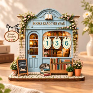 Könnte beinhalten: Ein Miniatur-Buchladen-Modell mit hellblauer Fassade, einem hängenden Schild mit der Aufschrift Violet's Bookery und einer Kreidetafel mit dem Text Just One More Chapter. Über dem Schaufenster steht Books Read This Year über drei ovalen Nummernschildern 1, 3, 6.