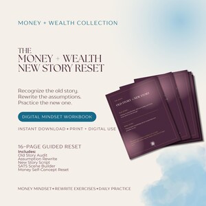 May include: A digital mindset workbook titled The Money + Wealth New Story Reset, featuring a 16-page guided reset. The document includes sections for an old story audit, assumption rewrite, new story script, SATS scene builder, and money self-concept reset.