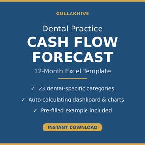 May include: A blue digital graphic for a GULLAKHIVE Dental Practice Cash Flow Forecast 12-Month Excel Template. It lists 23 dental-specific categories, an auto-calculating dashboard and charts, a pre-filled example, and an instant download button.