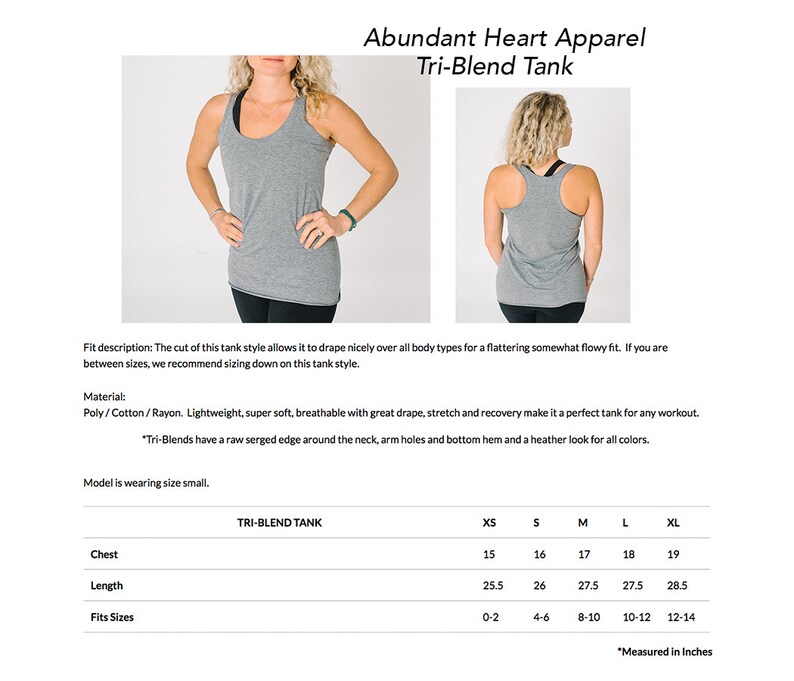 May include: A gray Tri-Blend Tank top with a scoop neck and racerback style. The tank is made of a lightweight, soft, breathable fabric with great drape, stretch, and recovery. The size chart shows measurements in inches for chest, length, and fits sizes XS to XL.