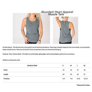 May include: Grey muscle tank top with a relaxed fit and low armholes. Size chart shows measurements in inches for chest, length, and fits sizes.