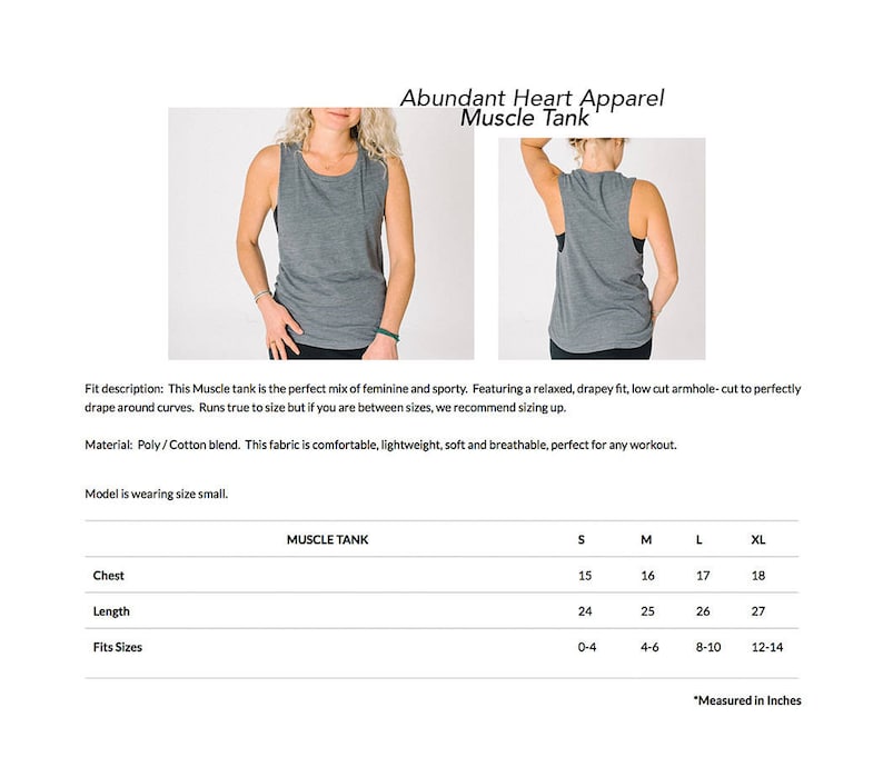 May include: Grey muscle tank top with a relaxed fit and low armholes. Size chart shows measurements in inches for chest, length, and fits sizes.