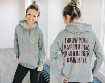 Bun Langhantel und Griff es / / Französisch Terry Workout Hoodie mit Daumenlöchern / / Geschenke für Frauen, die heben