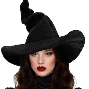 May include: A black pointed hat with a wide, flexible brim and a tall, slightly curved crown. The hat is constructed from a soft, matte fabric and features a structured yet pliable design that allows the top to bend naturally to one side.