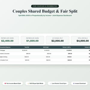 Puede incluir: Un panel de presupuesto digital titulado Couples Shared Budget & Fair Split. Incluye una tabla de gastos domésticos conjuntos, como alquiler, supermercado, cenas y fondos de vacaciones, con columnas para diferentes tipos de división.
