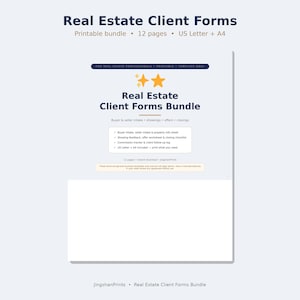 May include: A printable Real Estate Client Forms bundle featuring 12 pages in US Letter and A4 sizes. The document includes buyer and seller intake, showing feedback, offers, and closing checklists, with a commission tracker and follow-up log.