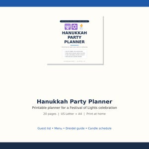 May include: A printable Hanukkah party planner document featuring a dark blue title, icons of a menorah, Star of David, and a lit candle. The text includes The Festival of Lights Party Edition, Hanukkah Party Planner, and a list of planning sections.