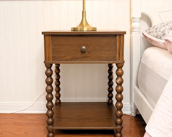 Wooden Nightstand with Drawer, Farmhouse Bedside Table, Spindle Leg Side Table, Rustic End Table for Bedroom, Living Room