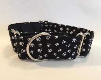1.5" White Mini Paws on Black Martingale Collar
