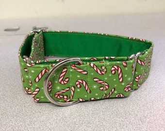Bastón de caramelo navideño de 1.5 in con collar de martingala verde