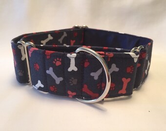1.5" Paws/Bones on Navy Martingale Collar