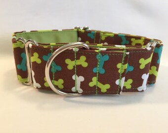 1.5" Lime, White & Blue Bones on Brown Martingale Collar