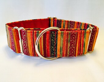 Collar Martingale con rayas de festival de otoño de 1.5 in, verde, dorado y arándano brillante