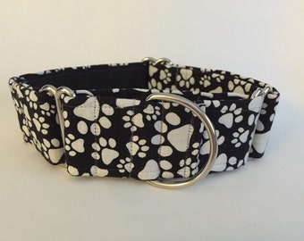 1.5" Large White Paws on Black Martingale Collar