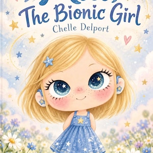 Puede incluir: Una portada de libro titulada Mia, The Bionic Girl por Chelle Delport que muestra a un personaje rubio con grandes ojos azules, vistiendo un vestido azul con estampado de estrellas y zapatos a juego, en un campo de margaritas y flores azules.