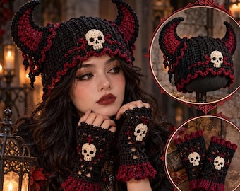 Devil Hat Pattern, Gothic Crochet Hat and Fingerless Gloves PDF Set
