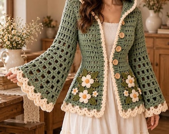Crochet Coat Pattern PDF, Sage Green Hooded Cardigan with Bell Sleeves