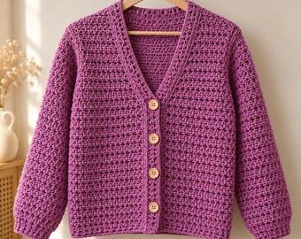 Crochet Cardigan Pattern PDF, V Neck Button Sweater with Textured Stitch Design