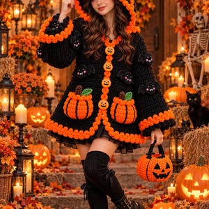 Puede incluir: Un cárdigan negro de ganchillo con capucha, botones naranjas en forma de calabaza, dos bolsillos grandes de calabaza y pequeñas aplicaciones de murciélagos. La prenda tiene un borde naranja grueso en la capucha, los puños y el dobladillo.