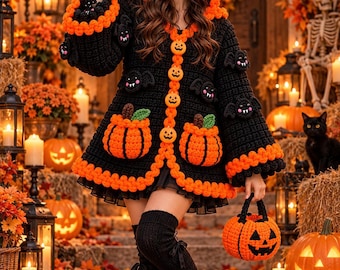 Crochet Costume Pattern PDF, Black Pumpkin Hooded Cardigan with Orange Trim