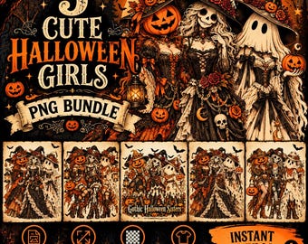 Spooky Girls PNG-bundel, pompoenheks, skelet en spook, vintage Halloween-shirtontwerp