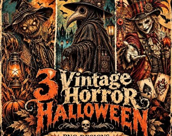 Horror PNG-bundel, 3 vintage Halloween-ontwerpen, 4500 × 5400 px retro enge kunst