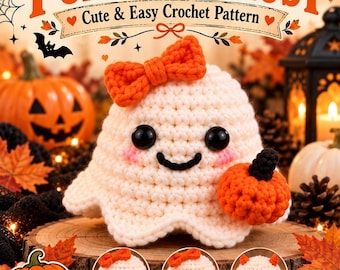 Pumpkin Ghost PDF Crochet Pattern, Beginner Amigurumi with 3 Expressions