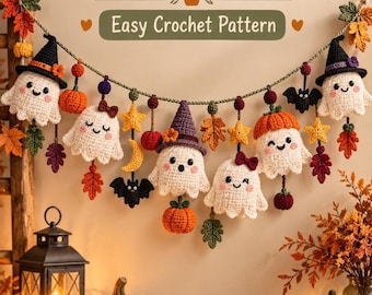 Crochet Garland PDF, Halloween Ghost Bunting Pattern with Amigurumi Details