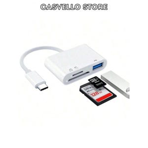 May include: A white USB-C card reader hub with the text CASVELLO STORE at the top. The device features a USB-C connector, a USB-A port, and slots for SD and microSD cards. A 128GB SD card, a 16GB microSD card, and a silver USB flash drive are included.