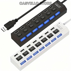 Könnte beinhalten: Ein schwarzer und ein weißer USB 2.0 High-Speed-Hub, jeweils mit sieben einzelnen Anschlüssen mit zugehörigen Netzschaltern und blauen LED-Anzeigen. Der Text CASVELLO STORE ist oben sichtbar, und jedes Gerät ist als PORTS beschriftet.