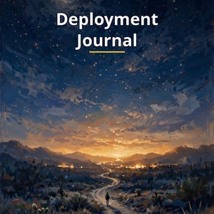 Op de afbeelding: Een journal-omslag met een donkerblauwe sterrenhemel boven een woestijnlandschap met een kronkelend pad en een eenzame figuur. De tekst luidt: LETTERS, MEMORIES & COUNTDOWN, Deployment Journal, met een gele lijn onder het woord.