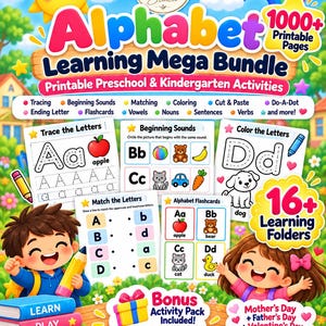 May include: Alphabet Learning Mega Bundle printable preschool and kindergarten activities with 1000+ printable pages and 16+ learning folders. Includes tracing, beginning sounds, matching, coloring, cut and paste, and flashcards with colorful illustrations.
