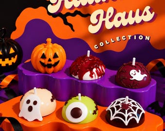 Set van 6 handgemaakte Halloween-kaarsen in de vorm van een spook, spinnenweb, monster en pompoen. Een griezelig schattige decoratie.