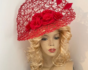 Fascinator Hat Red Hatinator Saucer Disc headpiece on hairband, wedding mother of the bride Church Derby Aintree ascot races.