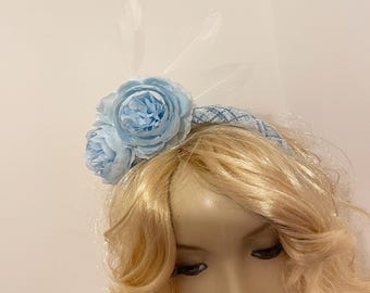 Baby blue white flower fascinator feather padded halo headband headpiece hairband, perfect for the races or a wedding