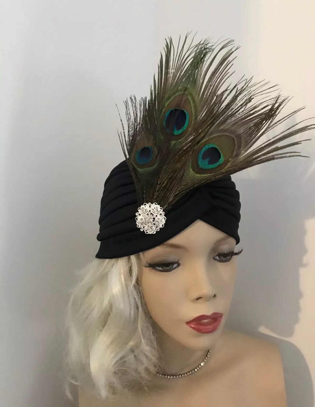 Black Peacock Feather Turban Hat 1920s Gatsby Art Deco 1930s  display picture 2