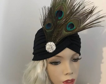 Green Gold Peacock Feather Turban Headpiece Vintage Cloche 1920s Flapper 1333 