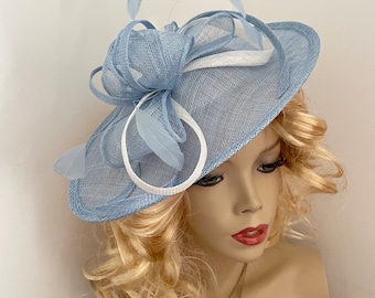 Pale light Blue white Fascinator Hat saucer hatinator, perfect hat for a wedding guest, affordable disc with feathers