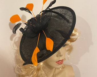 Fascinator Hat Black and Orange Saucer Disc headpiece with Feathers on hairband, perfect for the races or a wedding