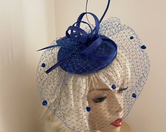 Fascinator Hatinator cobalt blue Pillbox headpiece Button Disc on hairband with Veil, perfect for the races or a wedding