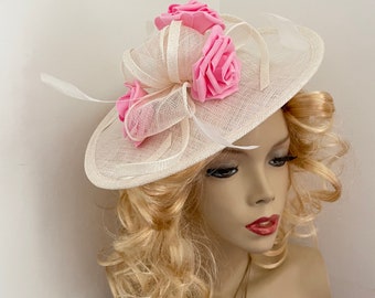 Fascinator Hat ivory Cream pink Saucer headpiece with Feathers on hairband, Wedding Hat, Hat for the races, Mother of the bride hatinator