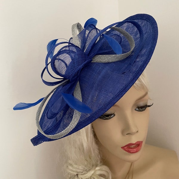 Cobalt Blue and Silver Fascinator Hat saucer hatinator, perfect hat for a wedding, affordable fascinator, feathers