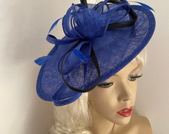 Cobalt Blue and Black Fascinator Hat saucer hatinator, perfect hat for a wedding, affordable fascinator, feathers