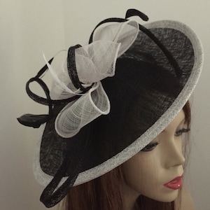 Fascinator Hat Black and White Saucer Disc headpiece with Feathers on hairband, perfect for the races or a wedding