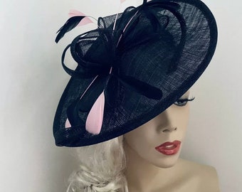 Fascinator Hat Navy Pink hatinator on hairband, perfect for the races or a wedding