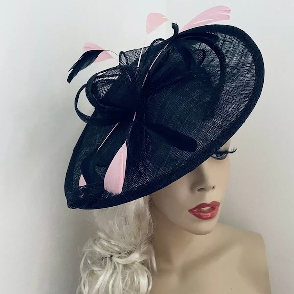 Fascinator Hat Navy Pink hatinator on hairband, perfect for the races or a wedding