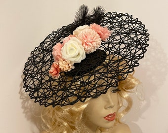 Fascinator Hat Black Blush Pink Cream Hatinator Saucer Disc headpiece on hairband, wedding mother of the bride Church Derby ascot races.