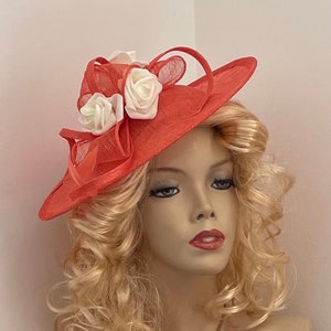 Fascinator Hat Coral Orange Cream Oval Saucer Disc hatinator headpiece with Feathers on hairband, perfect for the races or a wedding